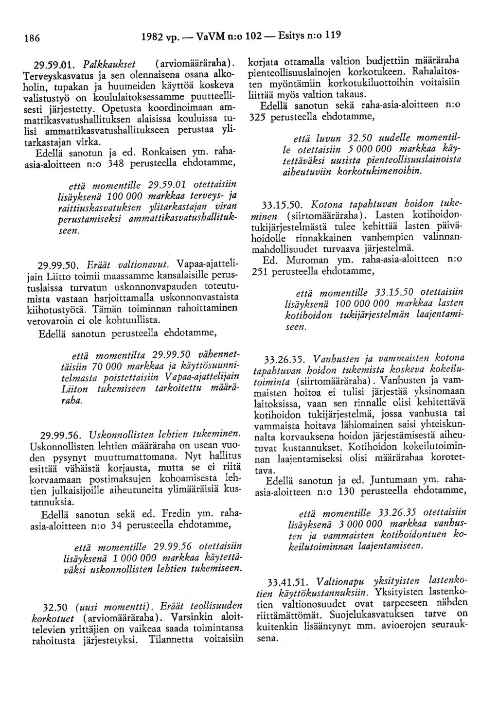186 1982 vp.- VaVM n:o 102- Esitys n:o 119 29.59.0 1. P alkkaukset ( arviomääräraha).