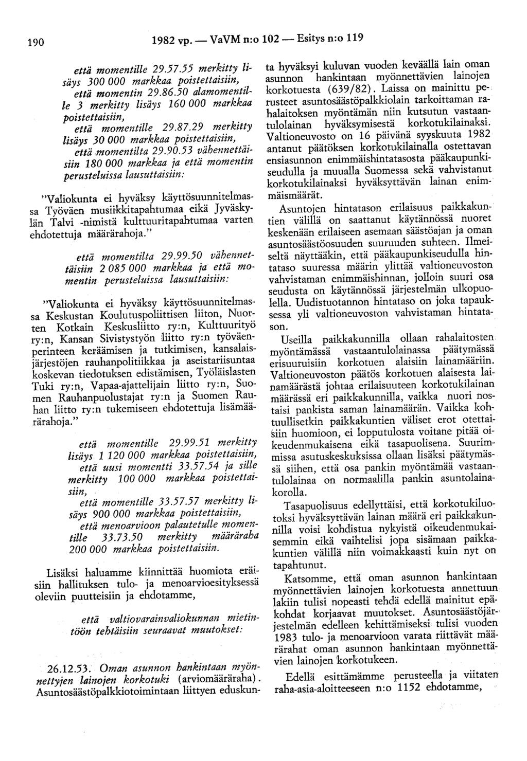 190 1982 vp.- VaVM n:o 102- Esitys n:o 119 että momentille 29.57.55 merkitty lisäys 300 000 markkaa poistettaisiin, että momentin 29.86.