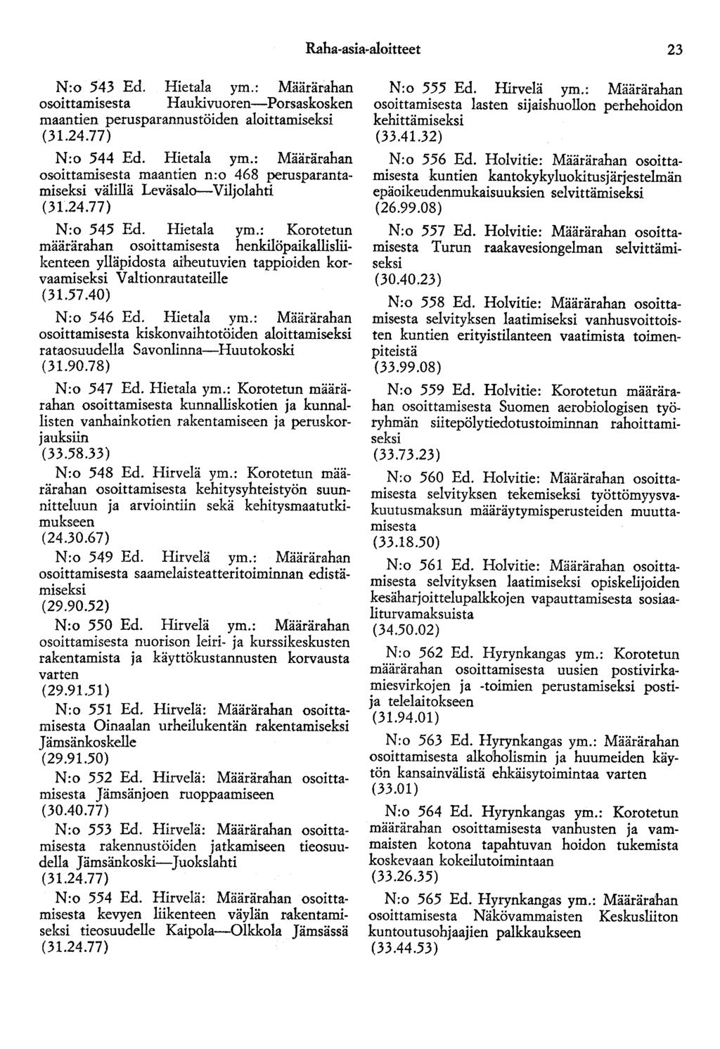 Raha-asia-aloitteet 23 N:o 543 Ed. Hietala ym.: Määrärahan osoittamisesta Haukivuoren-Porsaskosken maantien perusparannustöiden aloittamiseksi N:o 544 Ed. Hietala ym.: Määrärahan osoittamisesta maantien n:o 468 perusparantamiseksi välillä Leväsalo-Viljolahti N:o 545 Ed.