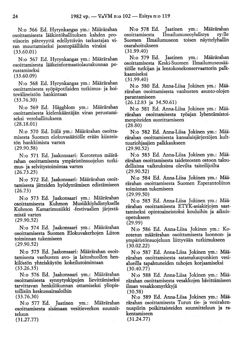 24 1982 vp.- VaVM n:o 102- Esitys n:o 119 N:o 566 Ed. Hyrynkangas ym.