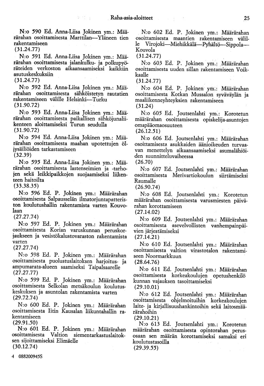 Raha-asia-aloitteet 25 N:o 590 Ed. Anna-Liisa Jokinen ym.: Määrärahan osoittamisesta Marttilan-Yläneen tien rakentamiseen N:o 591 Ed. Anna-Liisa Jokinen ym.: Määrärahan osoittamisesta jalankulku- ja polkupyöräteiden verkoston aikaansaamiseksi kaikkiin asutuskeskuksiin N:o 592 Ed.