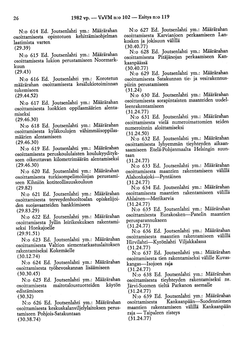 26 1982 vp.- VaVM n:o 102-Esitys n:o 119 N:o 614 Ed. Joutsenlahti ym.: Määrärahan osoittamisesta opintotuen kehittämisohjelman laatimista varten (29.39) N:o 615 Ed. Joutsenlahti ym.: Määrärahan osoittamisesta lukion perustamiseen Noormarkkuun (29.