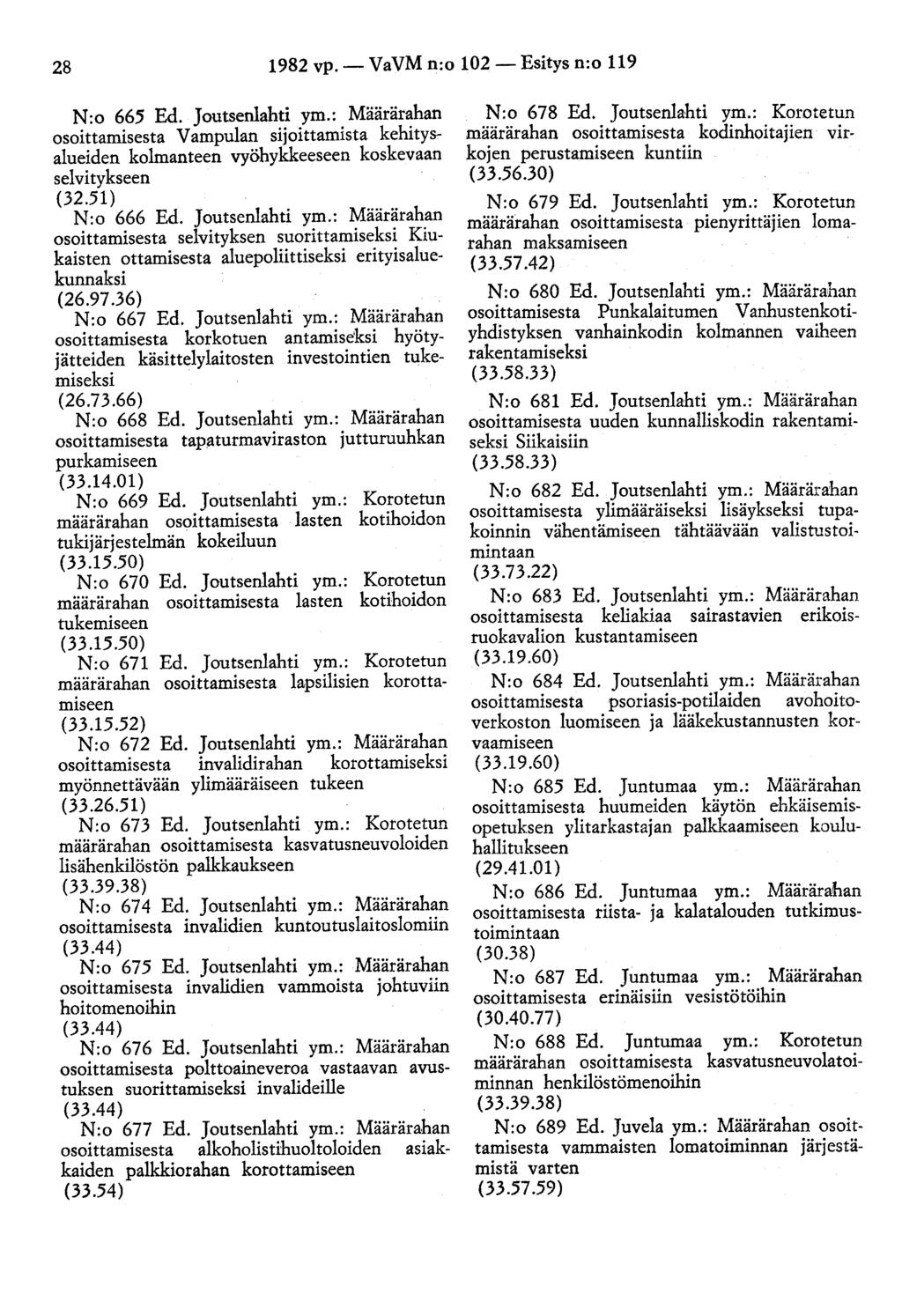 28 1982 vp.- VaVM n:o 102- Esitys n:o 119 N:o 665 Ed. Joutsenlahti ym.: Määrärahan osoittamisesta Varopulan sijoittamista kehitysalueiden kolmanteen vyöhykkeeseen koskevaan selvitykseen (32.