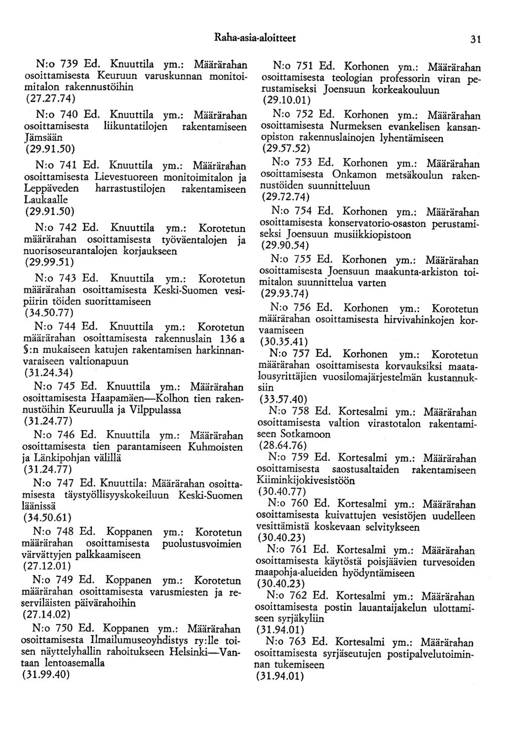 Raha-asia-aloitteet 31 N:o 739 Ed. Knuuttila ym.: Määrärahan osoittamisesta Keuruun varuskunnan monitoimitalon rakennustöihin (27.27.74) N:o 740 Ed. Knuuttila ym.: Määrärahan osoittamisesta liikuntatilojen rakentamiseen Jämsään (29.