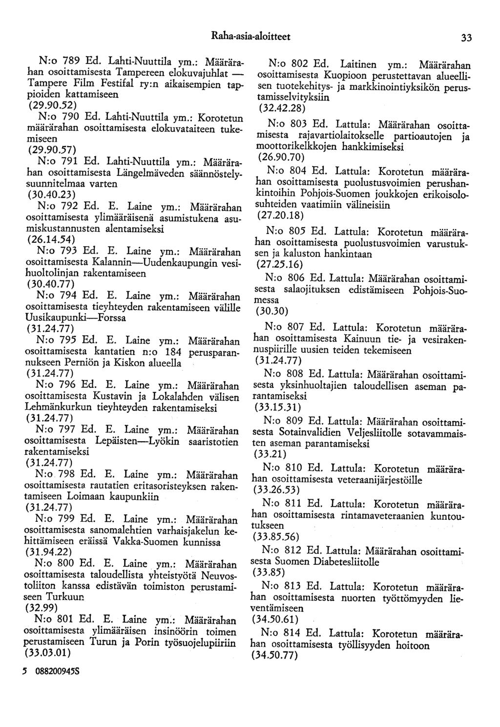 Raha-asia-aloitteet 33 N:o 789 Ed. Lahti-Nuuttila ym.: Määrärahan osoittamisesta Tampereen elokuvajuhlat Tampere Film Festifal ry:n aikaisempien tappioiden kattamiseen (29.90.52) N:o 790 Ed.