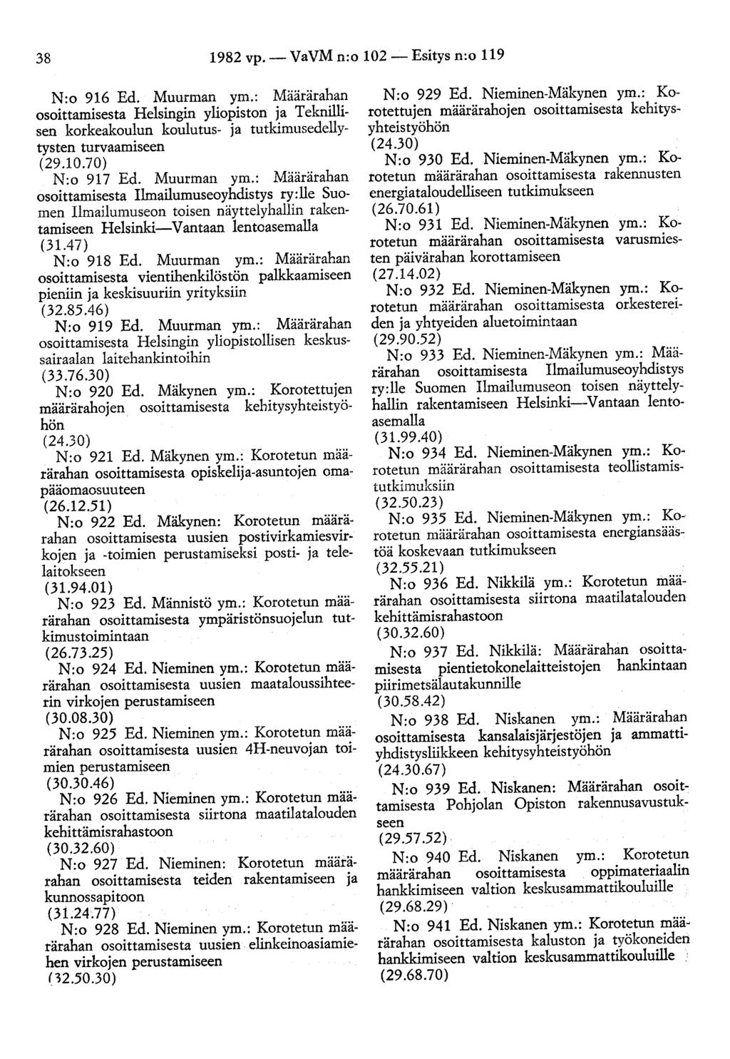 38 1982 vp.- VaVM n:o 102- Esitys n:o 119 N:o 916 Ed. Muurman ym.: Määrärahan osoittamisesta Helsingin yliopiston ja Teknillisen korkeakoulun koulutus- ja tutkimusedellytysten turvaamiseen (29.10.70) N:o 917 Ed.