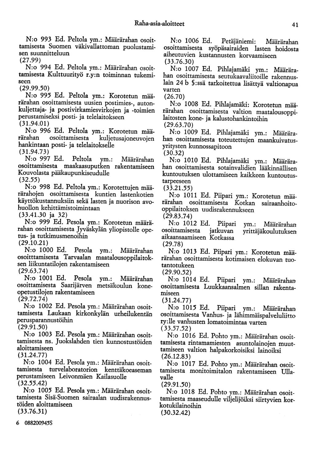 Raha-asia-aloitteet 41 N:o 993 Ed. Peltola ym.: Määrärahan osoittamisesta Suomen väkivallattoman puolustamisen suunnitteluun (27.99) N:o 994 Ed. Peltola ym.: Määrärahan osoittamisesta Kulttuurityö r.