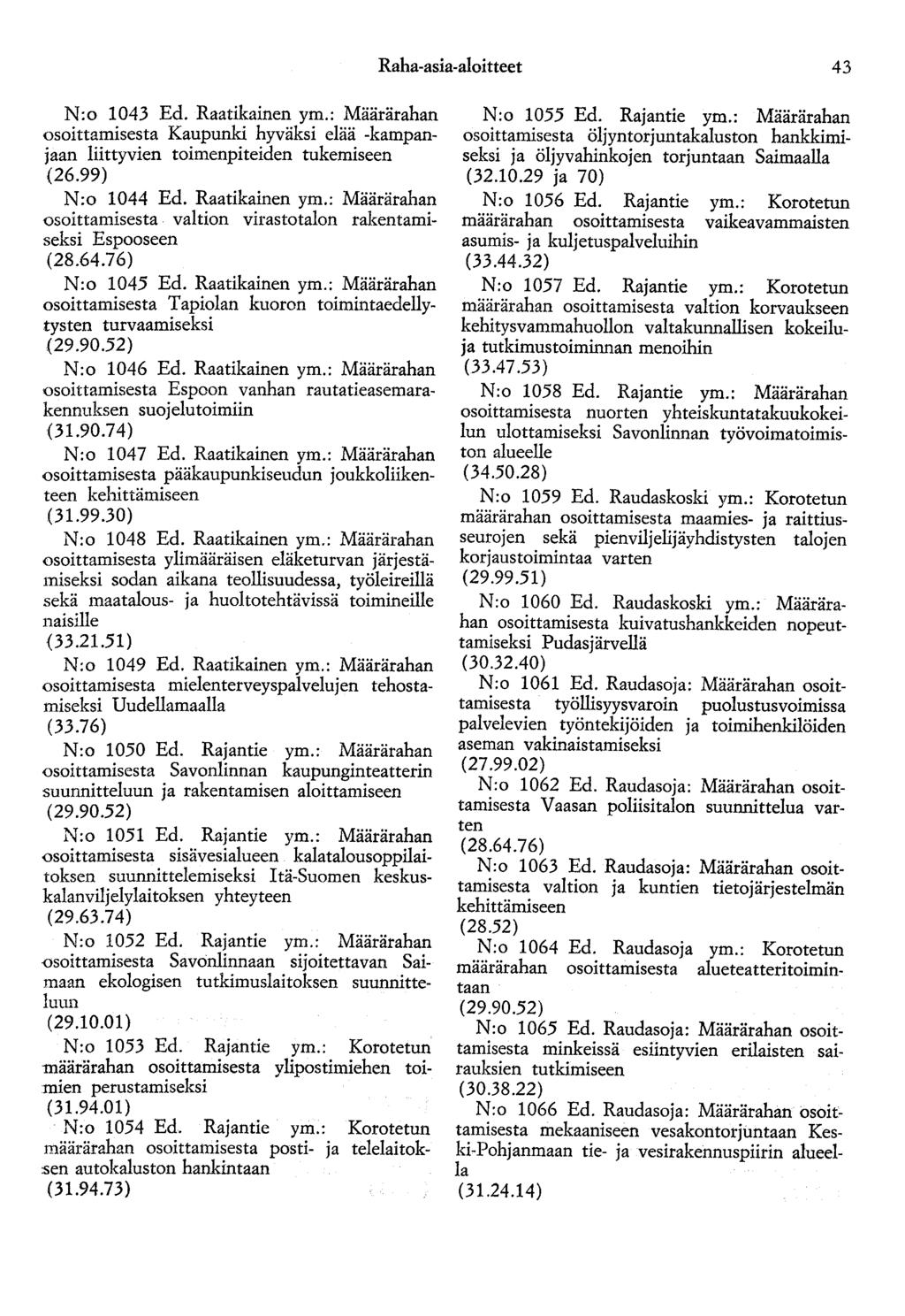 Raha-asia-aloitteet 43 N:o 1043 Ed. Raatikainen ym.: Määrärahan osoittamisesta Kaupunki hyväksi elää -kampanjaan liittyvien toimenpiteiden tukemiseen (26.99) N:o 1044 Ed. Raatikainen ym.: Määrärahan osoittamisesta valtion virastotalon rakentamiseksi Espooseen (28.