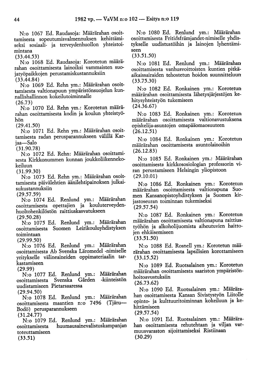 44 1982 vp.- VaVM n:o 102- Esitys n:o 119 N:o 1067 Ed. Raudasoja: Määrärahan osoittamisesta sopeutumisvalmennuksen kehittämiseksi sosiaali- ja terveydenhuollon yhteistoimintana (33.44.53) N:o 1068 Ed.