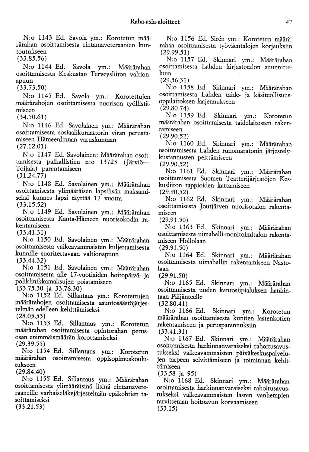 Raha-asia-aloitteet 47 N:o 1143 Ed. Savola ym.: Korotetun määrärahan osoittamisesta rintamaveteraanien kuntoutukseen (33.85.56) N:o 1144 Ed. Savola ym.: Määrärahan osoittamisesta Keskustan Terveysliiton valtionapuun (33.