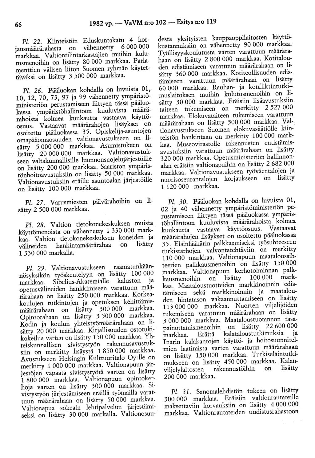66 1982 vp.- VaVM n:o 102- Esitys n:o 119 Pl. 22. Kiinteistön Eduskuntakatu 4 korjausmäärärahasta on vähennetty 6 000 000 markkaa.