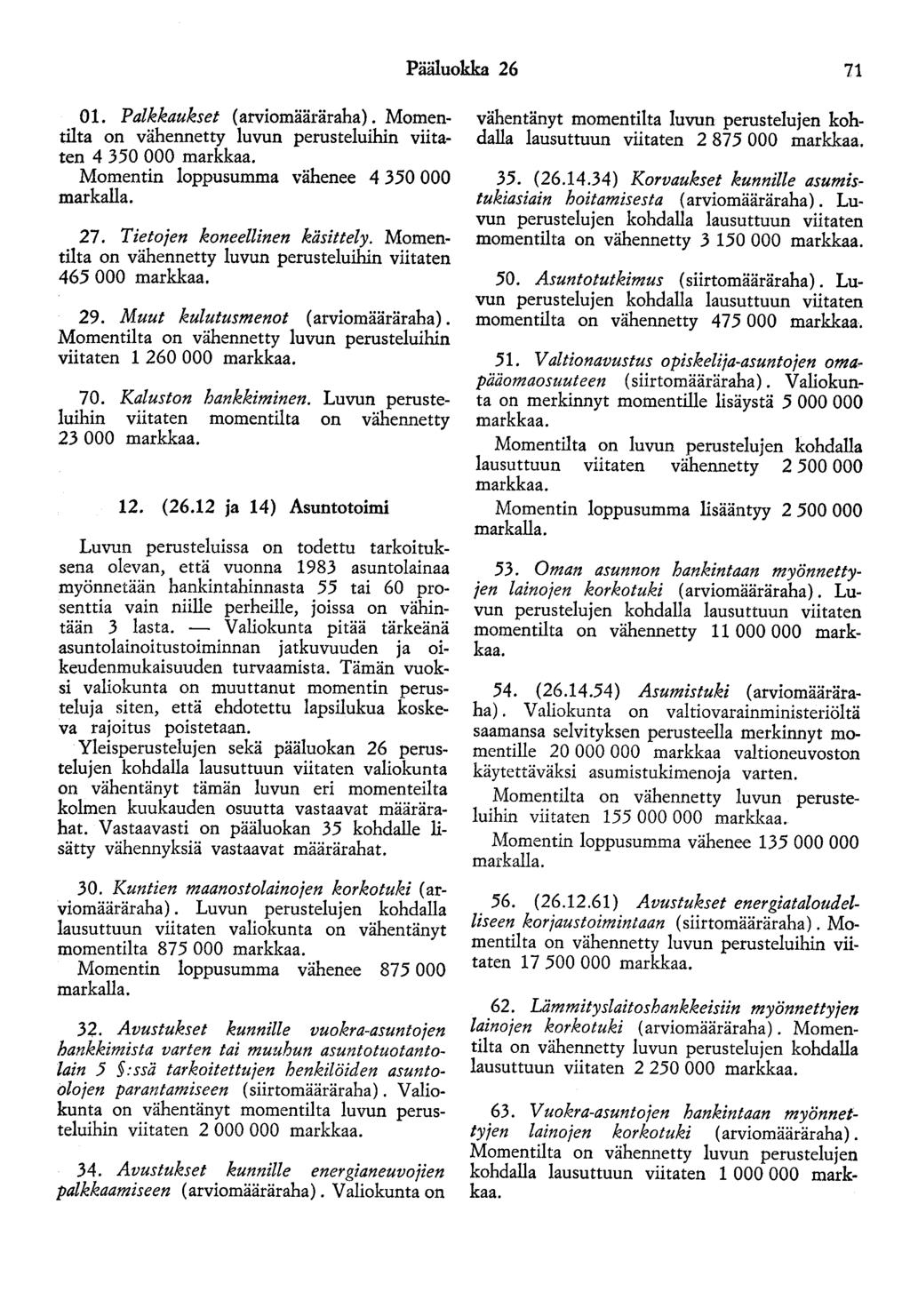 Pääluokka 26 71 01. Palkkaukset (arviomääräraha). Momentilta on vähennetty luvun perusteluihin viitaten 4 350 000 markkaa. Momentin loppusumma vähenee 4 350 000 markalla. 27.