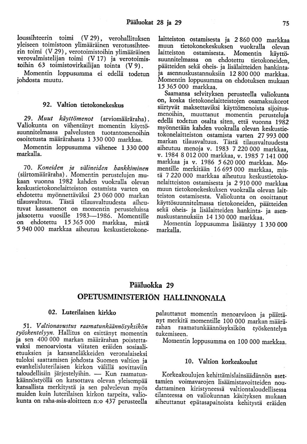 Pääluokat 28 ja 29 75 loussihteerin to1m1 (V 29), verohallituksen yleiseen toimistoon ylimääräinen verotussihteerin toimi (V 29), verotoimistoihin ylimääräinen verovalmistelijan toimi (V 17) ja