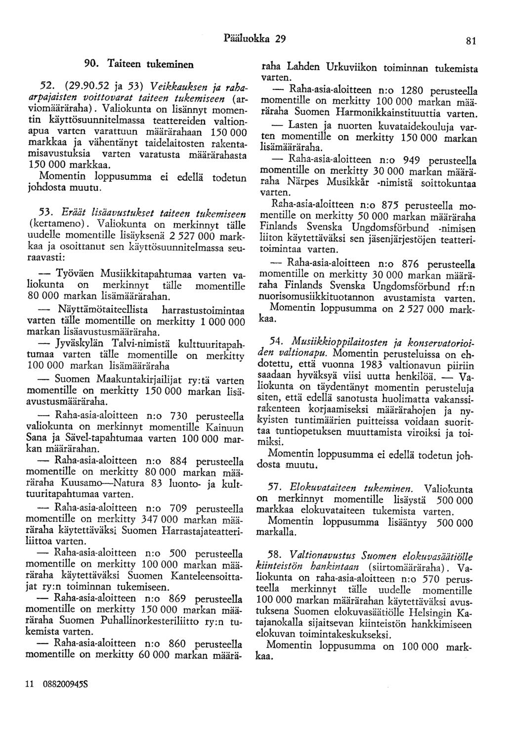 Pääluokka 29 81 90. Taiteen tukeminen 52. (29.90.52 ja 53) Veikkauksen ja rahaarpajaisten voittovarat taiteen tukemiseen ( arviomääräraha).