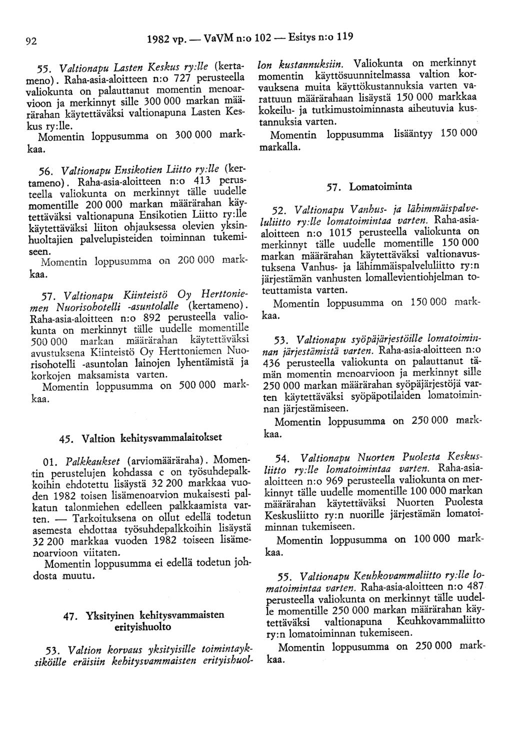 92 1982 vp.- VaVM n:o 102- Esitys n:o 119 55. Valtionapu Lasten Keskus ry:lle (kerta meno).