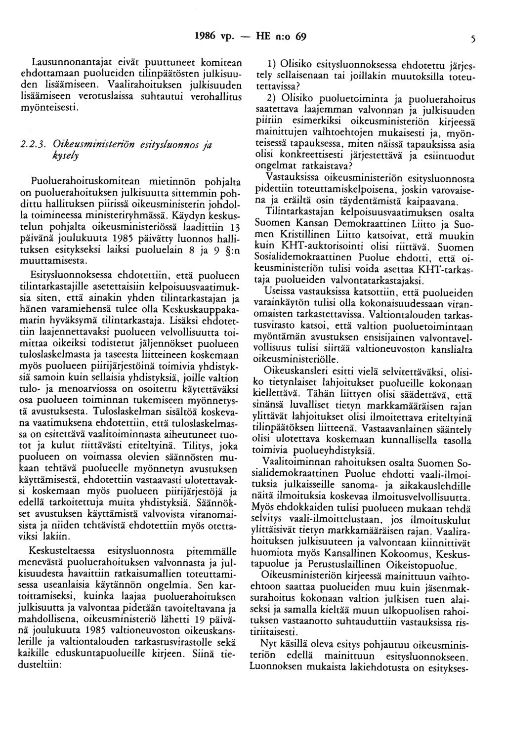 1986 vp. - HE n:o 69 5 Lausunnonantajat etvat puuttuneet komitean ehdottamaan puolueiden tilinpäätösten julkisuuden lisäämiseen.