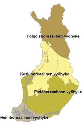 62 Kuva 2.17. Suomen nykyiset metsäkasvillisuusvyöhykkeet. Suomi ulottuu pohjois-etelä suunnassa läpi boreaalisen havumetsävyöhykkeen.
