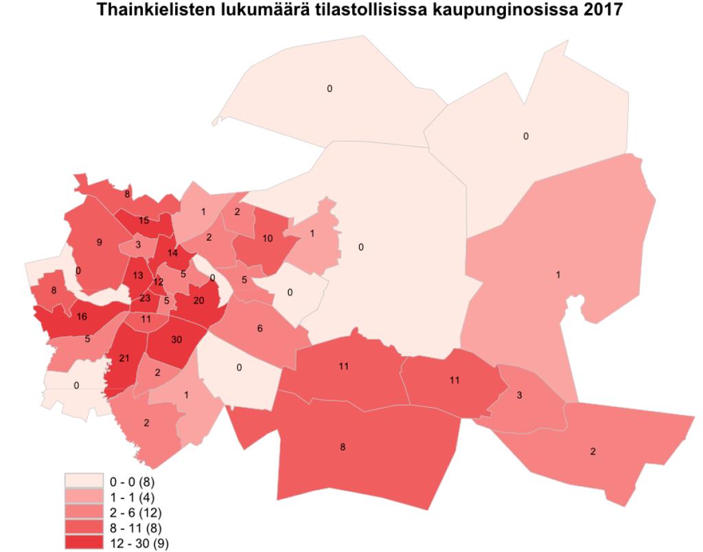7 Kuva 9. Thainkielisten lukumäärä tilastollisissa kaupunginosissa vuoden 2017 syyskuussa. Lähde: Lahden kaupunki.
