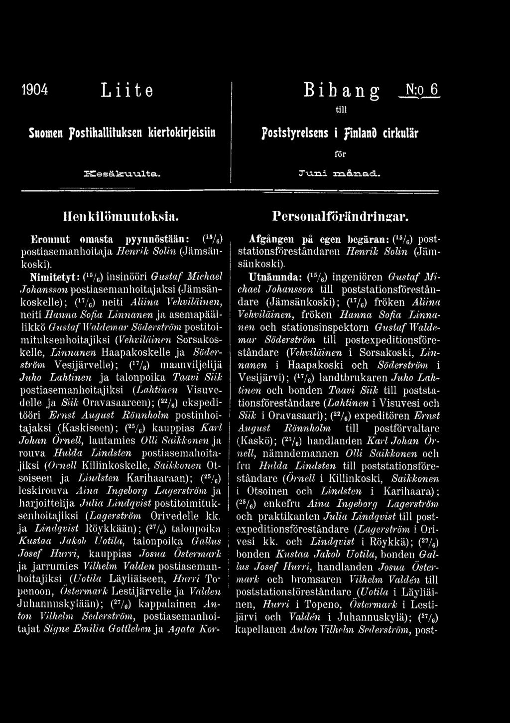 Nimitetyt: (i5/6) insinööri Gustaf Michael Johansson postiasemanhoitajaksi (Jämsänkoskelle); (17/c) neiti Aliina Vehviläinen, neiti Hanna Sofia Linnanen ja asemapäällikkö Gustaf Waldemar Söderström