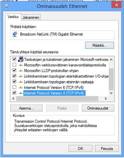 4. Valitse internet-protokollan versio 4 (TCP/IPv4) ja napsauta