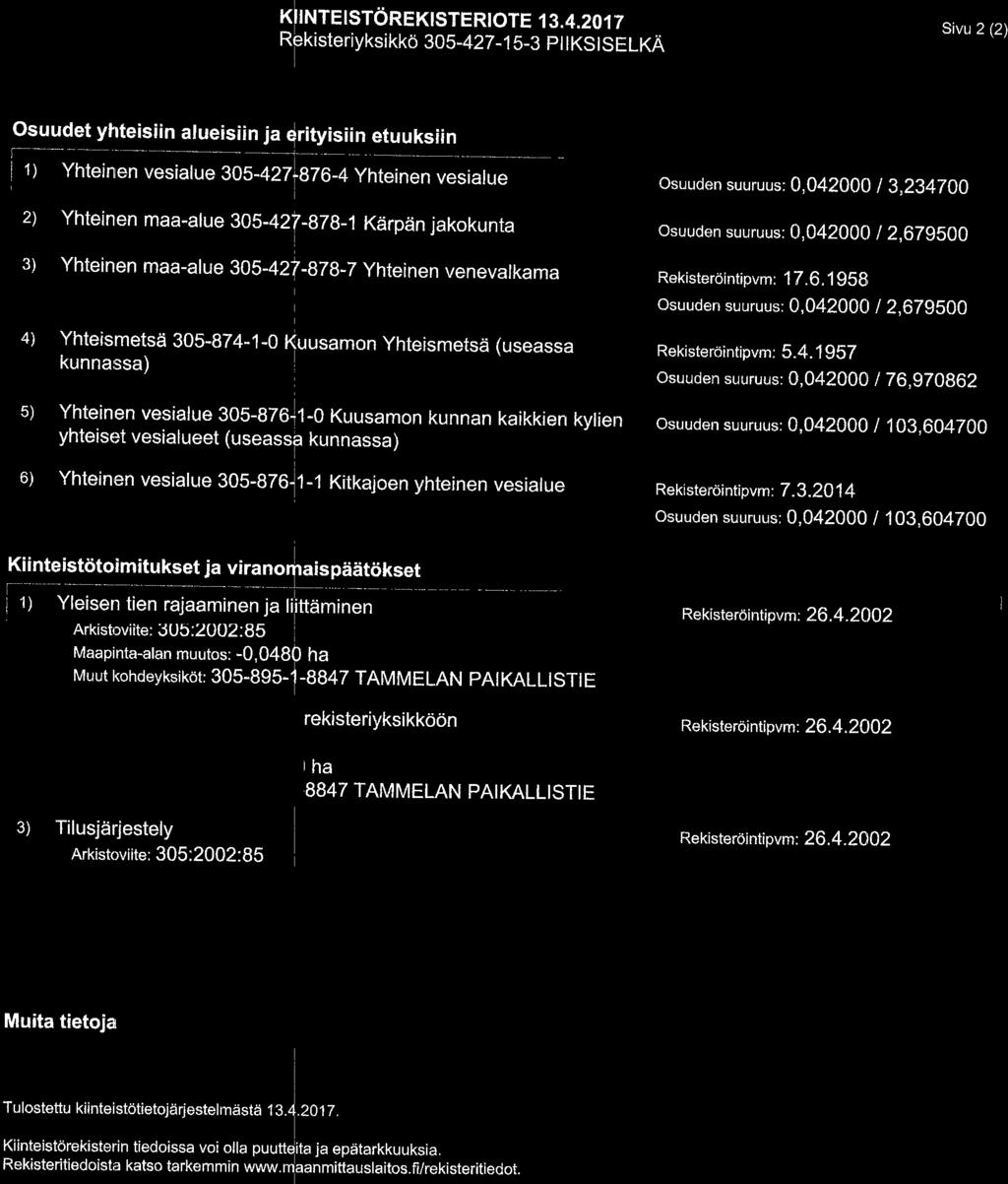 KTJ KIf NTEISToREKISTERt OTE 13.4.2017 RpkisteriyksikkO 305-427-1 S-3 pt tkstselka Sivu 2 (2) Osuudet yhteisiin alueisiin ja {rityisiin etuuksiin ------- -.