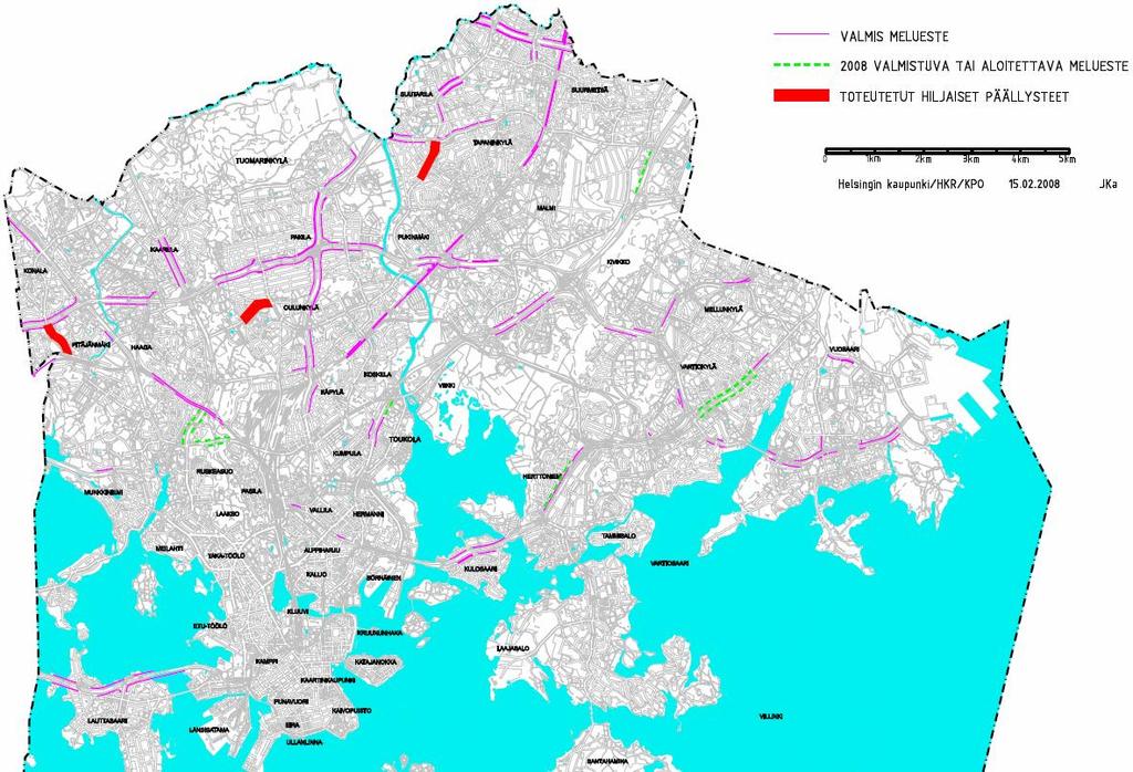 7 Meluntorjunta Hiljasen asfaltin kokeilut jatkuvat Helsingissä Vuonna 2007 toteutettiin yksi katukohde rengasmelua vaimentavalla päällysteellä. Koeosuus sijaitsee Tapaninvainiontiellä.
