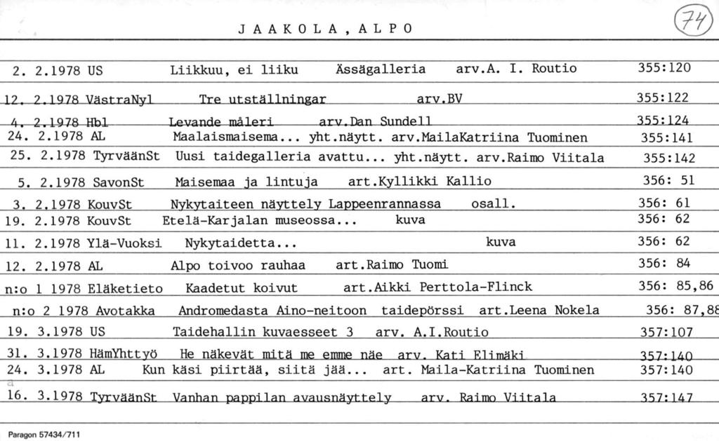 JAAKOLA, ALPO 2. 2.1978 US Liikkuu, ei liiku Ässägalleria arv.a. I. Routio 355:120 12. 2.1978-VästraNyl Tre utställningar arv.bv 355:122 24. 2.1978 AL Maalaismaisema... yht.näytt. arv.mailakatriina Tuominen 25.