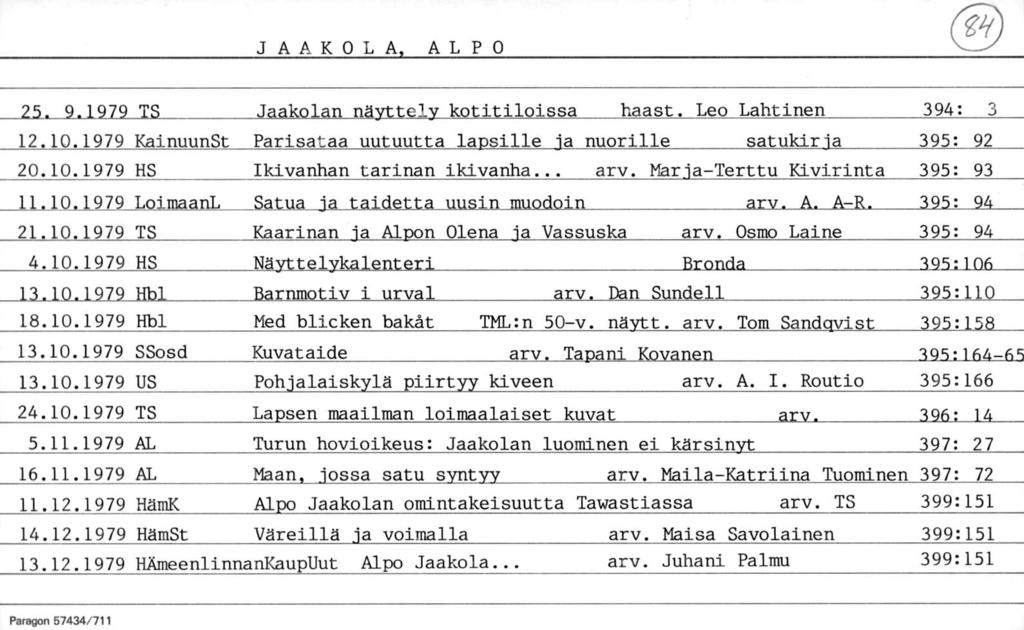 JAAKOLA. ALPO 25. 9.1979 TS Jaakolan näyttely kotitiloissa haast. Leo Lahtinen 394: 3 12.10.1979 KalnuunSt Parisataa uutuutta lapsille ia nuorille satukirja 395: 92 20.10.1979 HS Ikivanhan tarinan Ikivanha arv.
