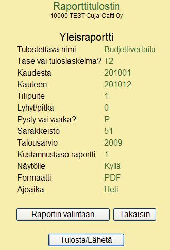 Raportti tulostuu kun kuittaat parametrit painamalla