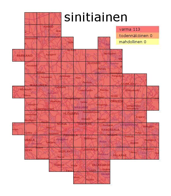 116 Sinitiainen Sinitiainen pesii asutuksen lähellä yhtenäisesti Rovaniemen tasolle ja niukasti Ylä-Lappiin asti. Laji on atlaskaudella laajentanut pesimäalueensa kaksinkertaiseksi.