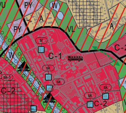 Suunnittelualue on yleiskaavassa Keskustatoimintojen aluetta (C). Kuva 7. Ote Jämsän taajamaosayleiskaavan luonnoksesta. Suunnittelualue rajattu likimääräisesti sinisellä rajauksella.
