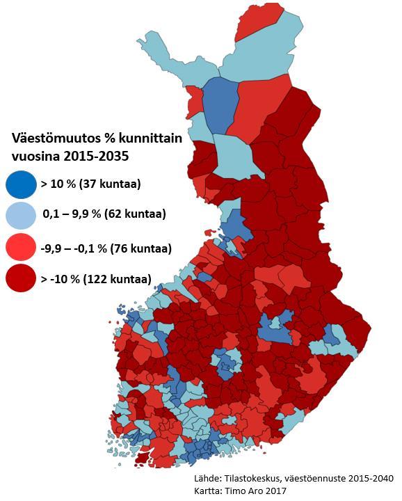 Suomen maakunnat ja kunnat ovat jakautuneet väkiluvun kehityksessä kahtia siten, että toisaalla väestön määrä kasvaa ja toisaalla vähenee.