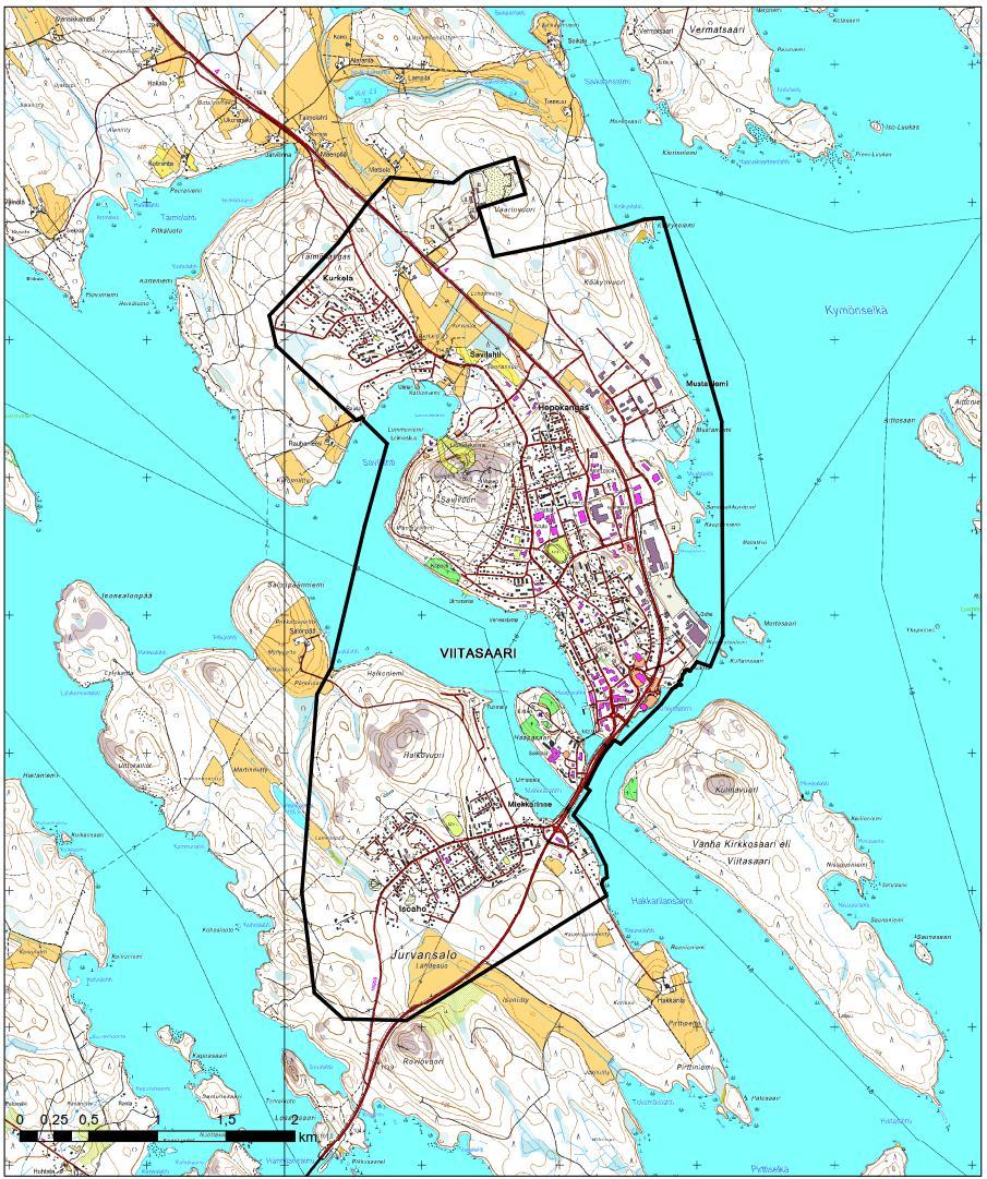 Kuva 1. Suunnittelualueen sijainti ja rajaus peruskartalla 2.