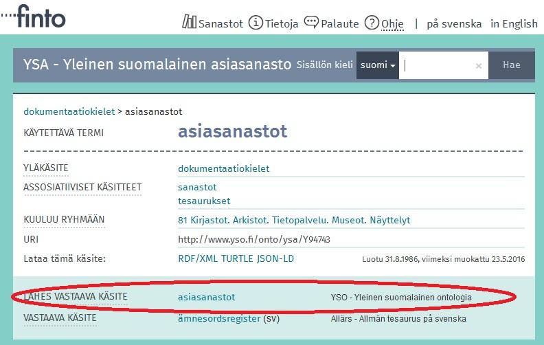 Kuva 3. YSAn käsitteen linkki vastaavaan YSO-käsitteeseen.