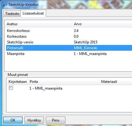 Maastomallin valinta SketchUp tiedoston maastomallin voi vaihtaa Lisäasetukset -välilehdellä kohdassa Pintamalli. Oulun alueella käytä esim.