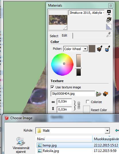 Maastokuvan vaihto Avaa SketchUp:ssa Materiaali -ikkuna: Window -> Materials Valitse sieltä In
