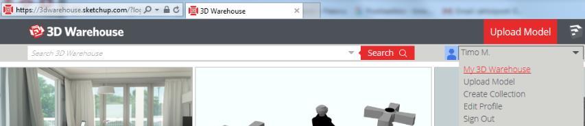 Warehouse -> Share model - Anna mallin tiedot avautuvaan ikkunaan - Lataa malli 3D warehous:iin Upload:lla Sen