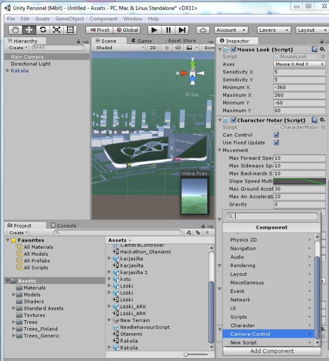 SketchUp mallin tuominen Unityyn Avaa Unity4 ja luo tarvittaessa uusi Projekti/Scene File -valikosta - Tiputa SketchUp tiedostosi Assets ikkunaan tai tuo se import:lla: Assests -> Import New Asset.