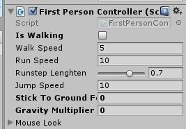 FirstPersonCharacter -> Prefabs - Siirrä FPSController malliin - Nollaa sekä: Stick to Ground Force että Gravity