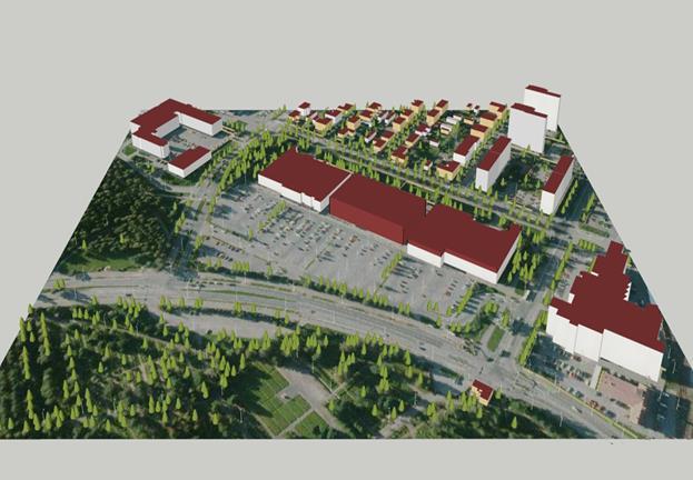 Raksilan ostoskeskus LOD1: - Puut värjätty -