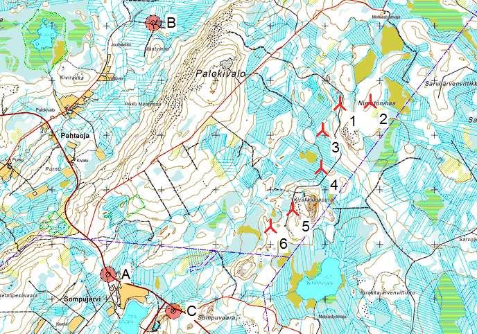 Project: Hevosselkä Description: TuuliWatti Oy Tervola DECIBEL - Main Result Calculation: 6 x Vestas V136 3,45MW hh182m Noise calculation model: ISO 9613-2 General Wind speed: 8,0 m/s Ground