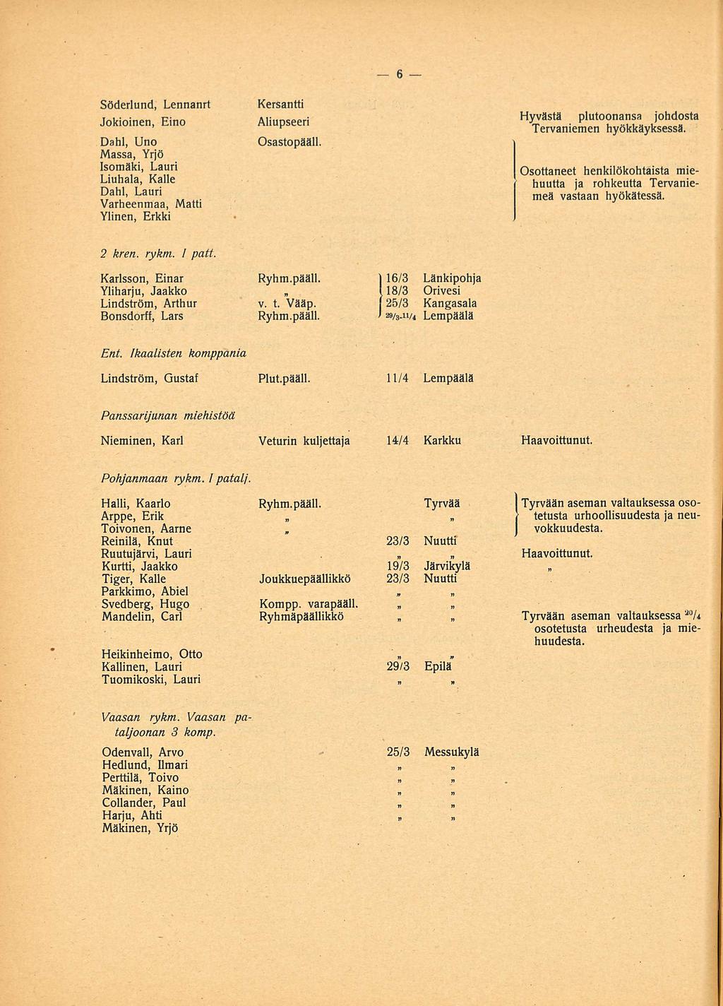 Söderlund, Lennanrt Kersantti Jokioinen, Eino Aliupseeri "CLeC»^ Dahl, Uno Osastopääll.