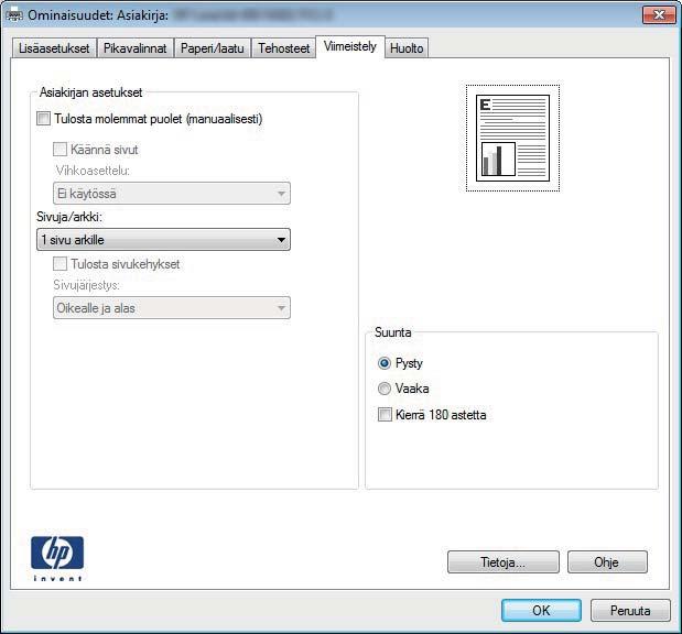 Sivun suunnan valitseminen (Windows) 1. Valitse ohjelmistossa Tulosta. 2. Valitse laite ja paina Ominaisuudet- tai Määrityksetpainiketta. 3.