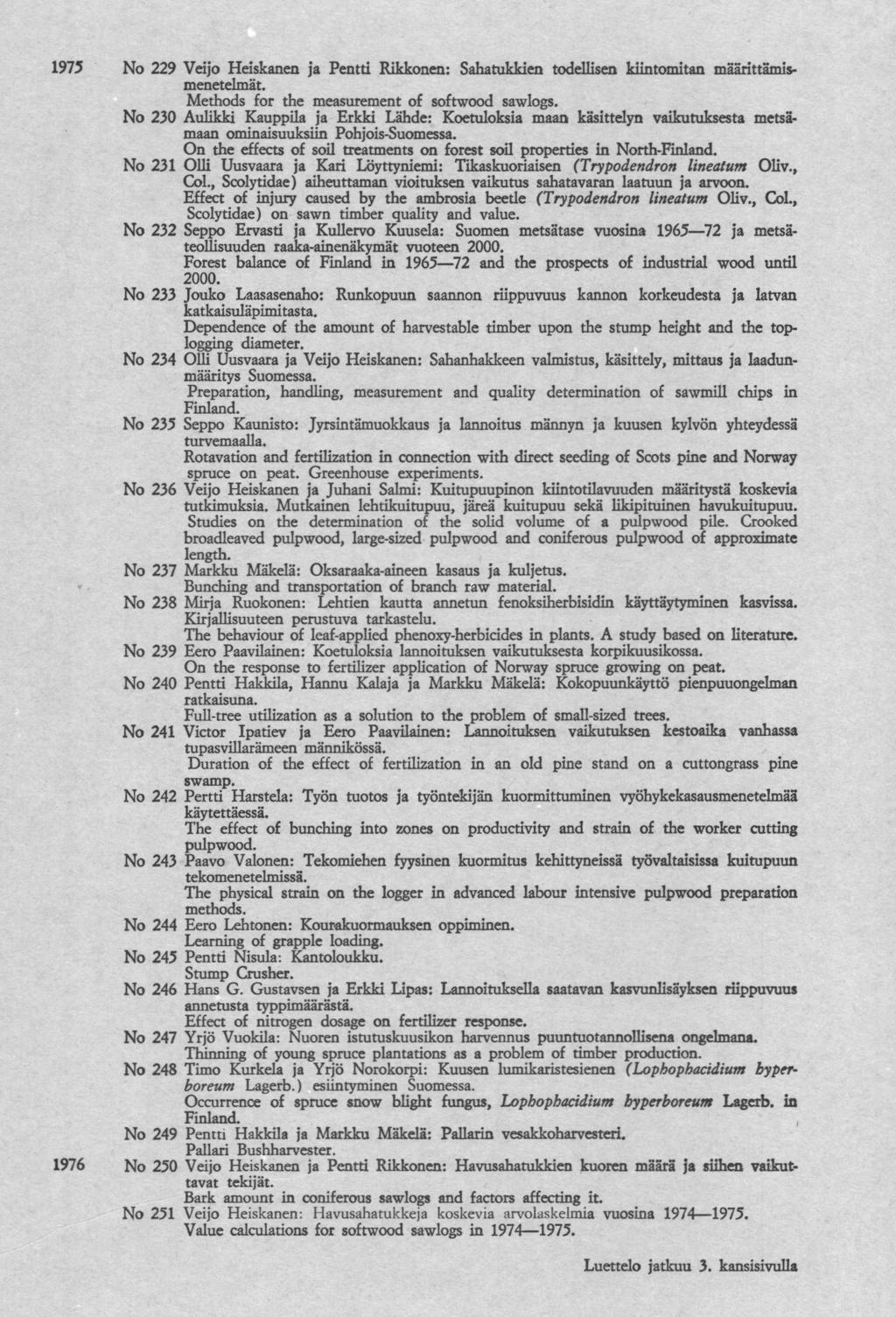 1975 229 Veijo Heiskanen Pentti Rikken: Sahatukkien todellisen kitomitan määrittämis menetelmät. Methods for 230 Aulikki Erkki On effects soil Olli stwood sawlogs.