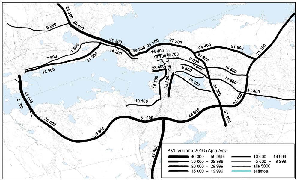 Liikennemäärä (KVL) Tampereen seudulla 2016.