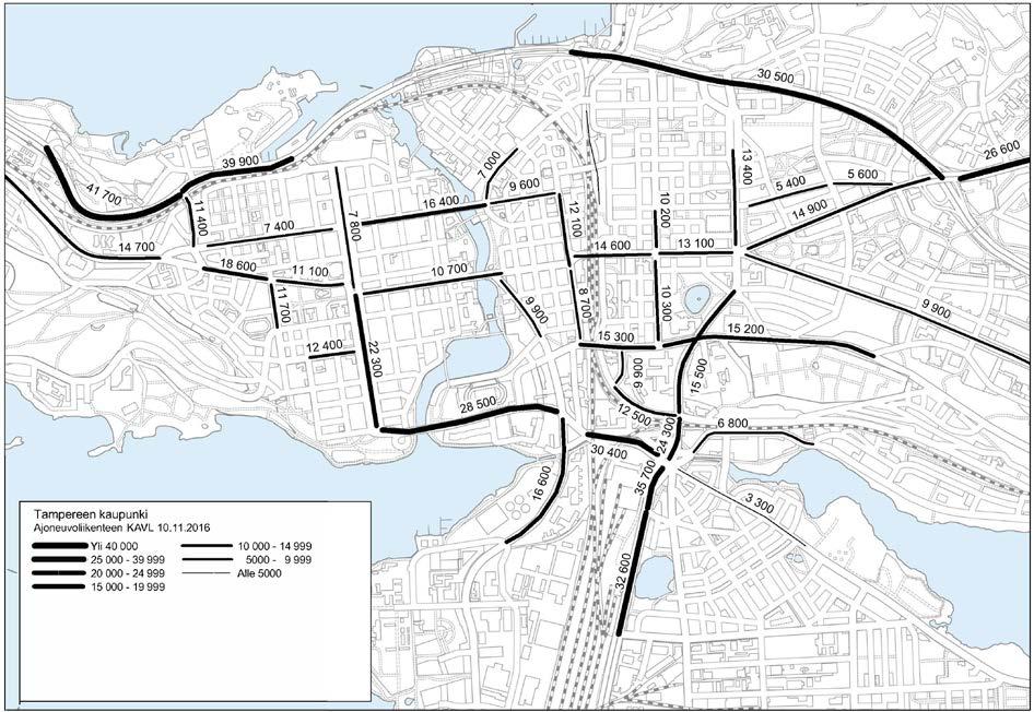 Liikennemäärä (KAVL) keskusta-alueella 10.11.2016.