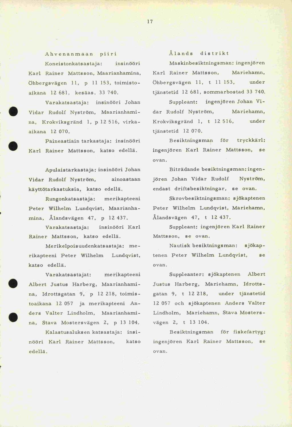 Karl Rainer katso Öhbergsvägen Ålandsvägen Mattsson, 17 Ahvenanmaan piiri Koneistonkatsastaja: insinööri Matts s on, Maarianhamina, Karl Rainer 11, p 11 153, toimisto- aikana 12 681, kesäas. 33 740.