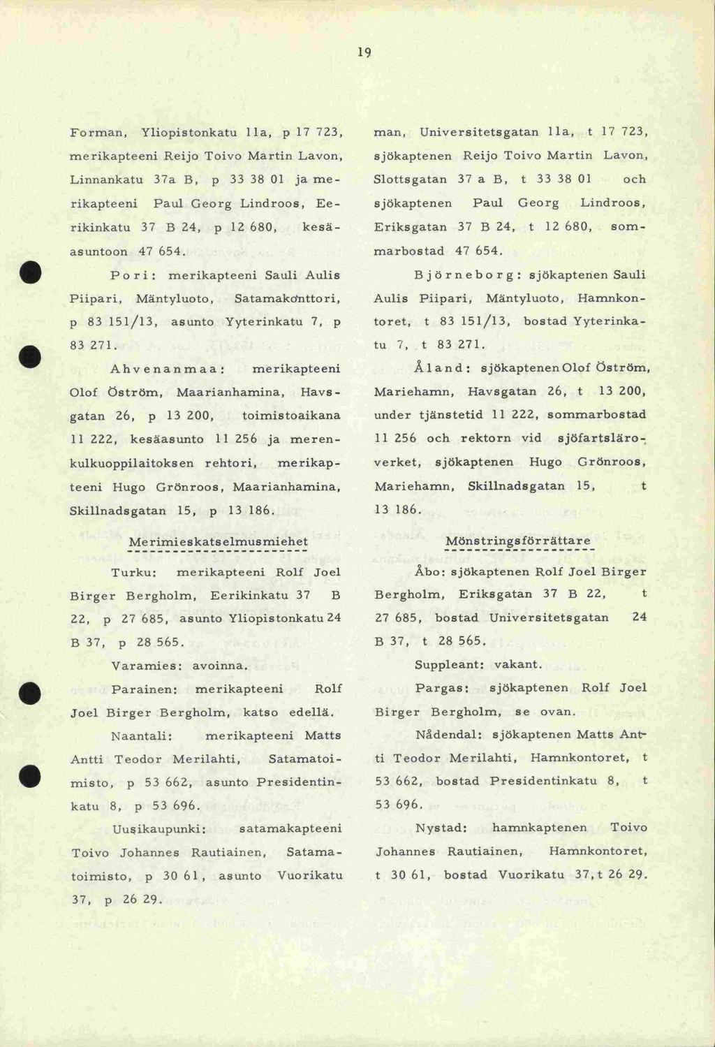 Birger 19 83 Forman, Yliopistonkatu ha, p 17 723, Martin Lavon, merikapteeni Reijo Toivo Linnankatu 37a B, p 33 38 01 ja merikapteeni Paul Georg Lindroos, Eerikinkatu 37 B 24, p 12 680, kesä-