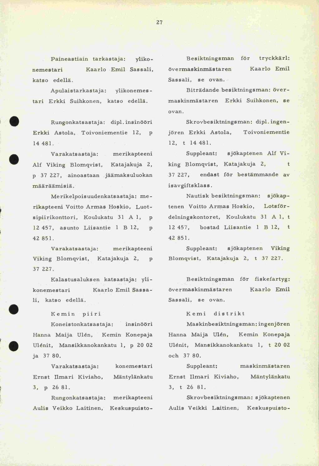 tan 3, och 27 nemestari Paineastiain tarkastaja: katso yliko- Kaarlo Emil assali, Apulaistarkastaja: ylikonemes - Erkki uihkonen, katso Rungonkatsastaja: dipl.