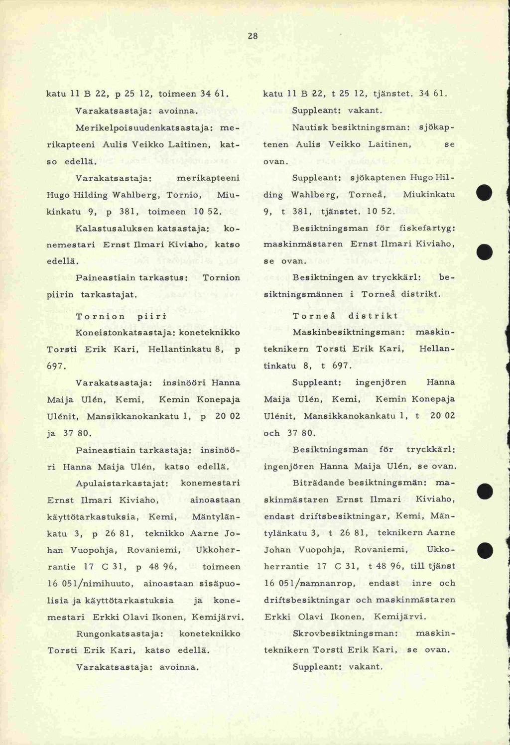 ja -tenen se och Erkki Olavi 28 katu 11 B 22, p 25 12, toimeen 34 61. Varakatsastaja: avoinna.